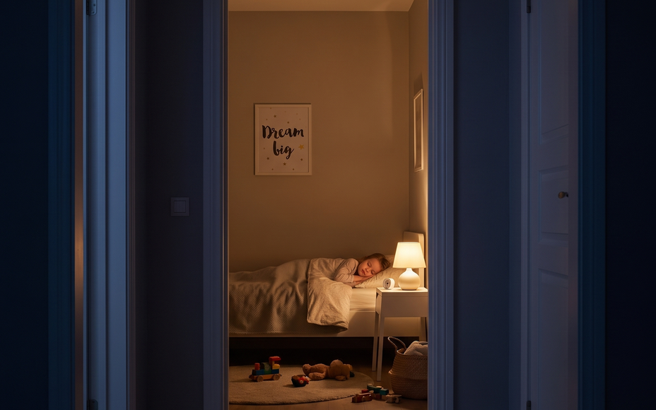 Enfant qui dort paisiblement la nuit, fenêtre protégée par une moustiquaire