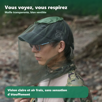 Filet moustiquaire de tete Moustigo porte par-dessus une casquette