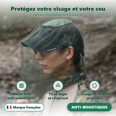 Filet moustiquaire de tete vert avec cordon élastique de serrage au cou - Moustigo