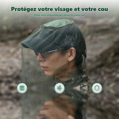 Filet moustiquaire de tete vert avec cordon élastique de serrage au cou - Moustigo