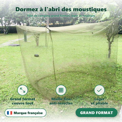 Moustiquaire de camping pliable vert kaki suspendue par cordons aux coins - Moustigo
